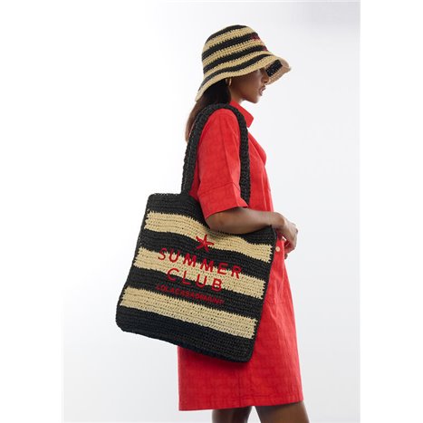 Bolso Rafia Rayas Bordado Negro