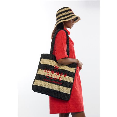 Bolso Rafia Rayas Bordado Negro